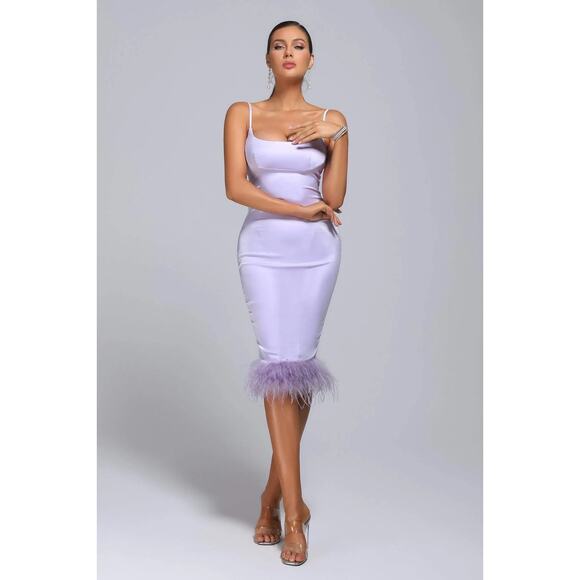 NWT Bella Barnett Lilac Feather Trim Satin Bodycon Dress Size Small - Picture 1 of 6